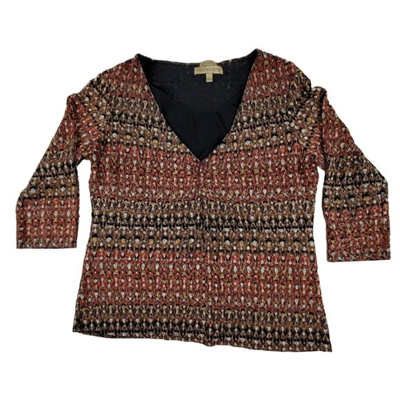 Brown V-Neck Top Striped Fall Rust Womens Stretchy Top V-neck Size Large  JH1258 - Picture 1 of 4